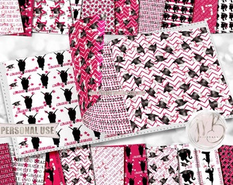 Hot Pink Graduation Scrapbook Paper Download • Girl Graduate Silhouettes Mortarboard Diploma • Printable Paper Crafts 20 12x12 JPG & PDF