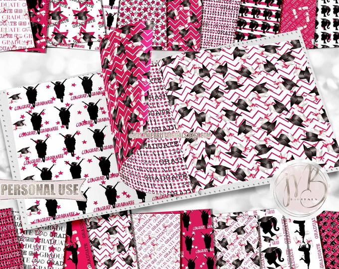 Hot Pink Graduation Scrapbook Paper Download • Girl Graduate Silhouettes Mortarboard Diploma • DIY Scrapbooking Printable