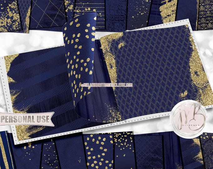Sapphire Blue and Gold Glam Scrapbook Paper Download • Sparkling Glitter Shimmering Foil Design • Printable Paper Crafts 20 12x12 JPG & PDF