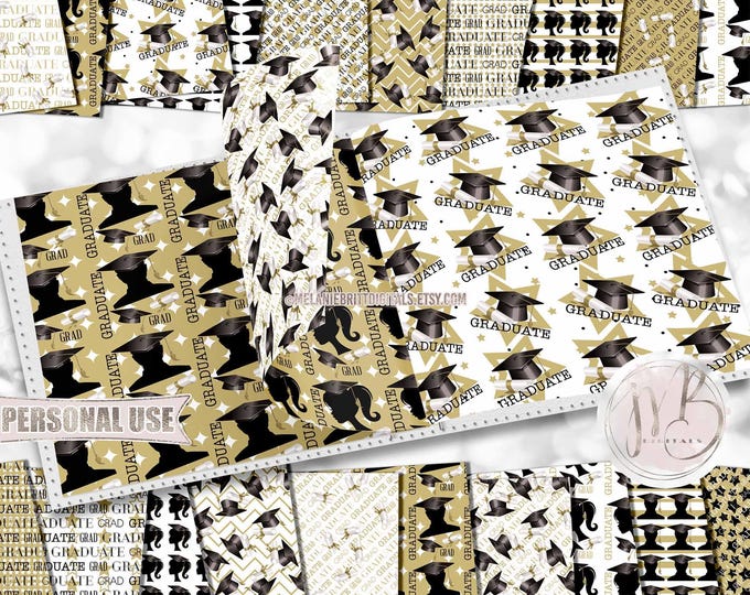Gold Graduation Scrapbook Paper Download • Boy and Girl Graduates Mortarboard Diploma Tassel • DIY Scrapbooking Printable