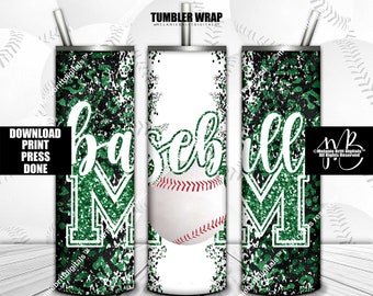 Green Baseball Mom 20oz Skinny Tumbler Wrap Sublimation Design Download • Leopard Print Sports Mom Glitter • Sublimation Crafts