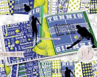 Blue Tennis Scrapbook Paper Download • Tennis Match Court Rackets Boy and Girl School Sports • DIY Scrapbooking Printable