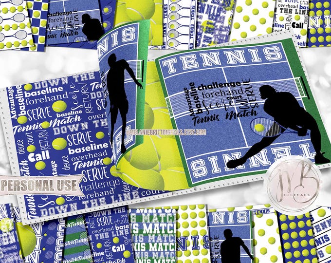 Blue Tennis Scrapbook Paper Download • Tennis Match Court Rackets Boy and Girl School Sports • DIY Scrapbooking Printable