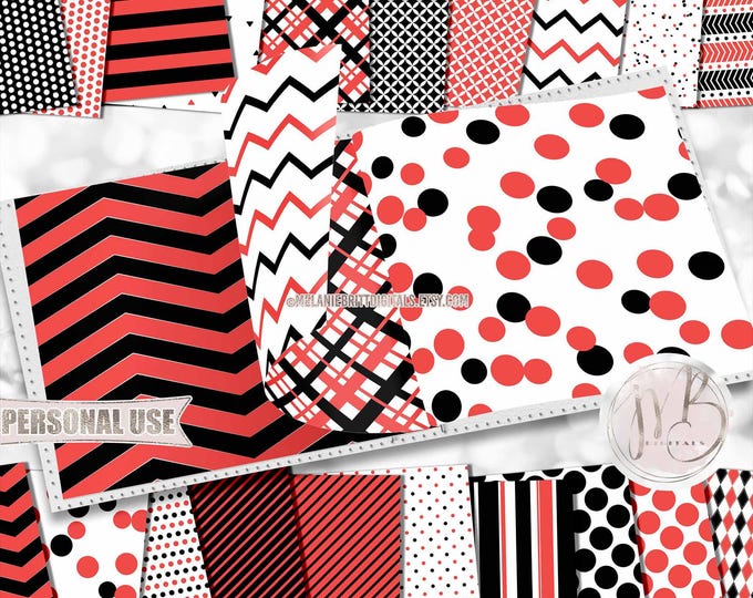 Black and Red Scrapbook Paper Download • Geometric Patterned Paper Polka Dot Striped Chevron • Printable Paper Crafts 20 12x12 JPG & PDF