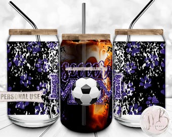 Old Purple Soccer Mom 16oz Glass Can Wrap Sublimation Download • School Paw Prints Soccer Ball Glitter Sports Mom Gift • DIY Print & Press