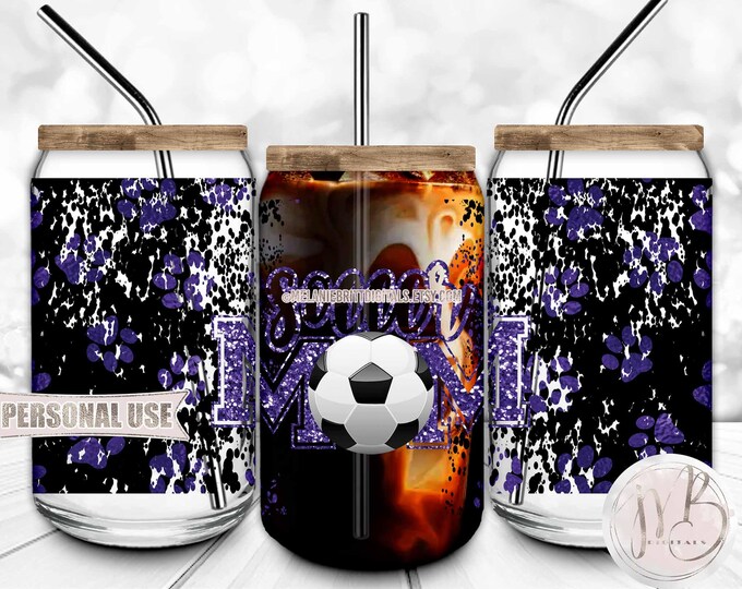 Old Purple Soccer Mom Paws 16oz Glass Can Wrap Sublimation Download • Sports Mom Gift • DIY Print and Press