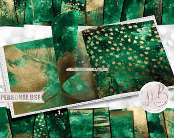 St Patrick's Day Gilded Watercolor Scrapbook Paper Download • Emerald and Antiqued Gold Foil • DIY Scrapbooking Printable 20 12x12 JPG PDF