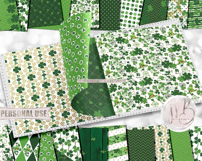 St Patrick’s Day Scrapbook Paper Download • Green and Gold Clovers Shamrocks Glitter • Scrapbooking Printable
