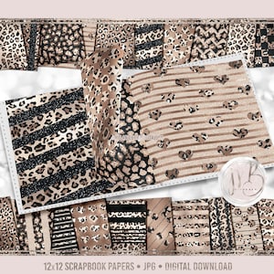 Leopard Scrapbook Paper Download • Beige and Champagne Leopard Print Patterned Paper Glitter Foil • Printable Paper Crafts 12x12 JPG