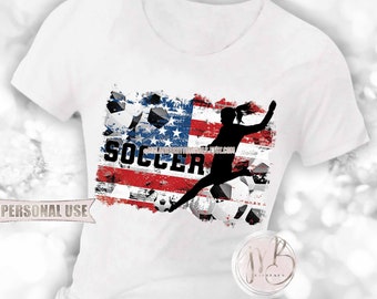 Patriotic Girl Soccer T-Shirt Sublimation Design Download • Distressed USA Flag School Sports Soccer Shirt Gift • DIY Print and Press