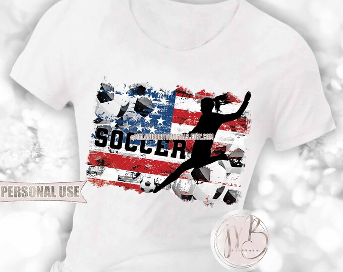 Patriotic Girl Soccer T-Shirt Sublimation Design Download • Distressed USA Flag School Sports Soccer Shirt Gift • DIY Print and Press