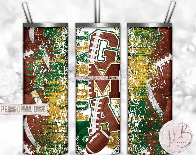 Football GMA 20oz Skinny Tumbler Wrap Sublimation Design • Green and Athletic Gold Football Helmets Grandma Gift • DIY Print and Press