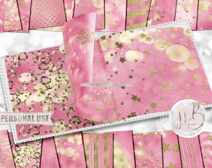 Pink Formal Party Scrapbook Paper Download • Gold Stars Streamers Confetti Glitter Foil • Printable Paper Crafts 20 12x12 JPG & PDF