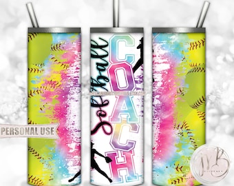 Softball Coach 20oz Skinny Tumbler Wrap Sublimation Design Download • Rainbow Tie Dye Softball Collage Coach Gift • Sublimation Crafts