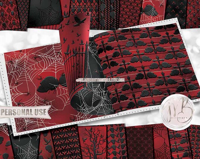 Red and Black Gothic Halloween Embossed Scrapbook Paper Download • Skulls Ravens Spiders Cobwebs • Scrapbooking Printable