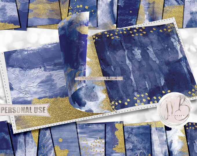 Navy Watercolor and Gold Glitter Glam Scrapbook Paper Download • Unique Glittery Paint Design • Printable Paper Crafts 20 12x12 JPG & PDF