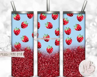 Strawberries 20oz Skinny Tumbler Wrap Sublimation Design Download • Strawberry Tumbler Design Red Glitter and Light Blue • DIY Print & Press