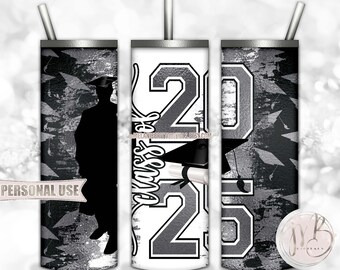 Silver Class Of 2025 Graduation 20oz Skinny Tumbler Wrap Sublimation Design • Boy Graduate Graduation Cap Diploma • DIY Print and Press