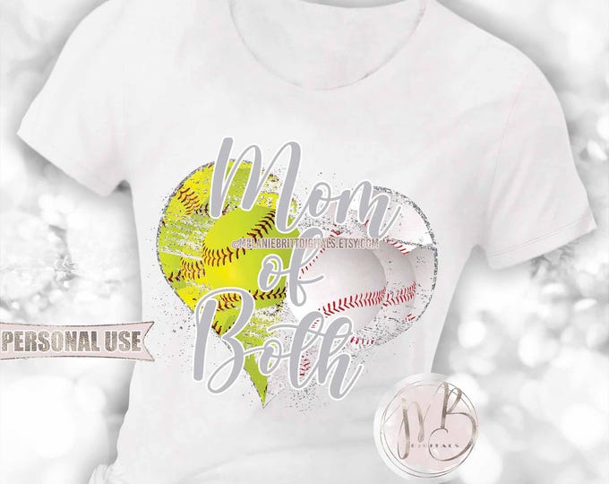 Silver Baseball and Softball Mom of Both Heart T-Shirt Sublimation Download • School Sports Ball Park Mom Gift • DIY Print and Press