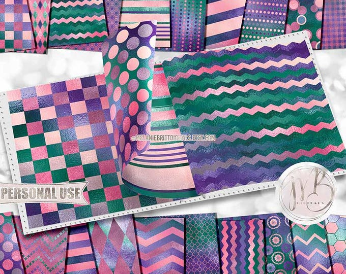 Emerald Pink Purple Opulent Patterned Scrapbook Paper Download • Unique Metallic Shimmering Foil • Scrapbooking Printable