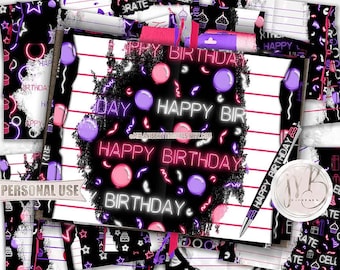 Neon Birthday Junk Journal Page Download • Pink and Purple Glowing Cupcakes Balloons • Journaling Printable