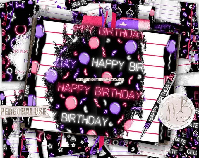 Neon Birthday Junk Journal Page Download • Pink and Purple Glowing Cupcakes Balloons • Journaling Printable