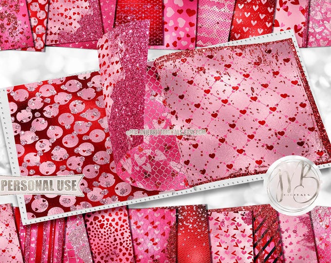 Glam Valentines Scrapbook Paper Download •  Red and Pink Glitter Hearts Design • Scrapbooking Printable