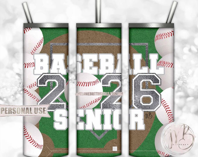 Silver Baseball Senior 2026 20oz Skinny Tumbler Wrap Sublimation Download • Senior Night Baseball Graduate Gift • DIY Print and Press