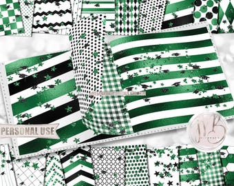 Green Shimmer Graduation Scrapbook Paper Download • Glitter Mortarboards Confetti and Stars • Printable Paper Crafts 20 12x12 JPG & PDF