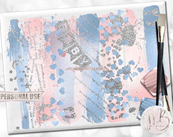 Baby Pink and Blue Brush Strokes Scrapbook Embellishments Download • Glitter and Foil Art Paint Strokes • Scrapbooking Printable