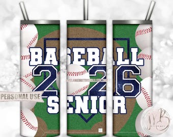 Navy Baseball Senior 2026 20oz Skinny Tumbler Wrap Sublimation Design Download • Senior Year Baseball Grad Gift • DIY Print and Press