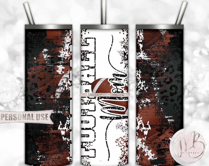 Football Mom 20oz Skinny Tumbler Wrap Sublimation Design Download • Black Distressed Leopard Print Football Mom Gift • DIY Print and Press
