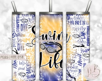 Swim Life 20oz Skinny Tumbler Wrap Sublimation Design Download • Blue and Athletic Gold Tie Dye Swim Team Swimmer Gift • DIY Print and Press