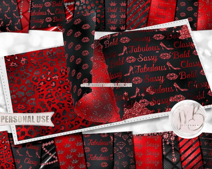 Red and Black Sassy Scrapbook Paper Download • Diamond Bling Lips Heels Girly Glitter Foil • DIY Printable Paper Crafts 20 12x12 JPG & PDF