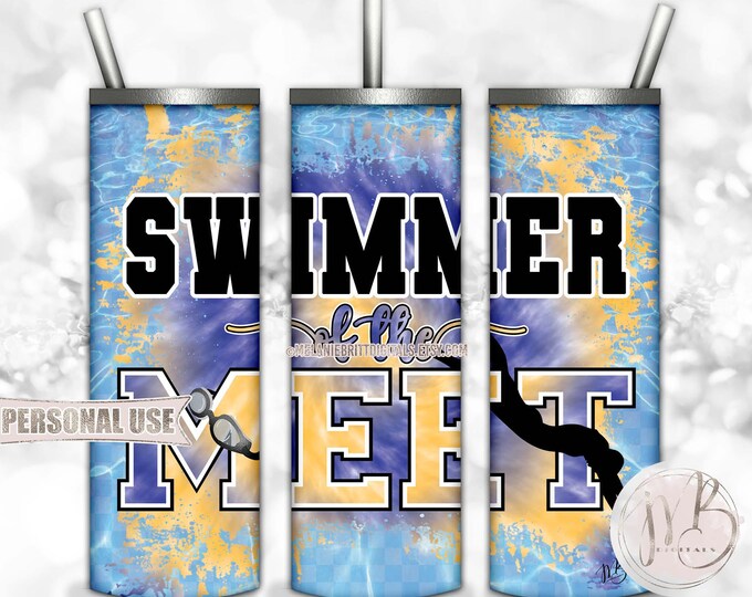 Swimmer Of The Meet 20oz Skinny Tumbler Wrap Sublimation Download • Blue & Athletic Gold Tie Dye Pool Water Swim Team • DIY Print and Press