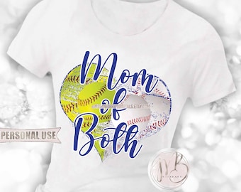 Blue Baseball and Softball Mom of Both Heart T-Shirt Sublimation Download • School Sports Ball Park Mom Gift • DIY Print and Press