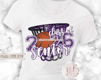 Girl Basketball Senior 2026 Hoop T-Shirt Sublimation Download • Purple Glitter School Colors • DIY T-Shirt Print and Press