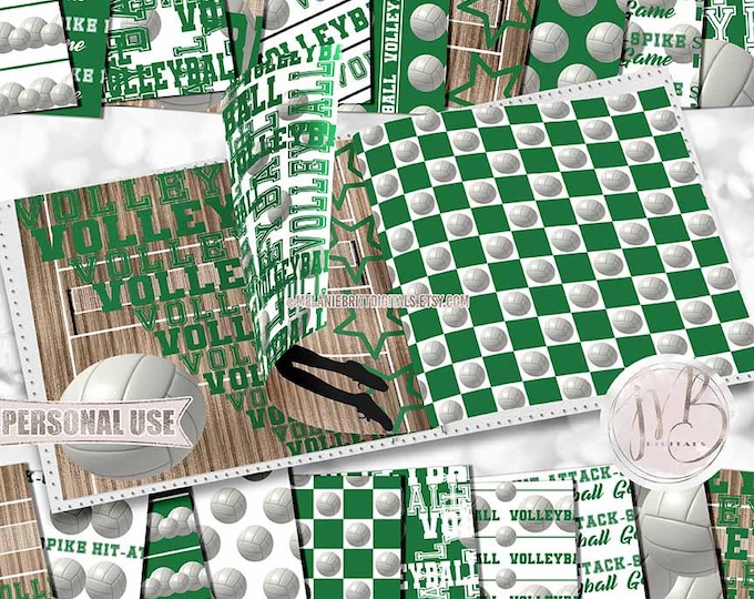 Green Volleyball Scrapbook Paper Download • Player Silhouettes Court Net School Sports  • Scrapbooking Printable