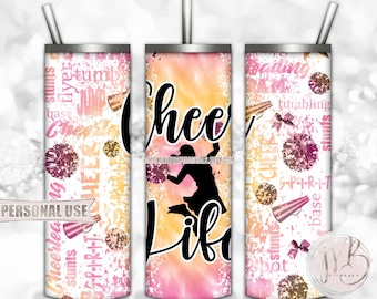 Cheer Life 20oz Skinny Tumbler Wrap Sublimation Design • Pink Athletic Gold Tie Dye Pom Squad Typography Cheer Gift • DIY Print and Press