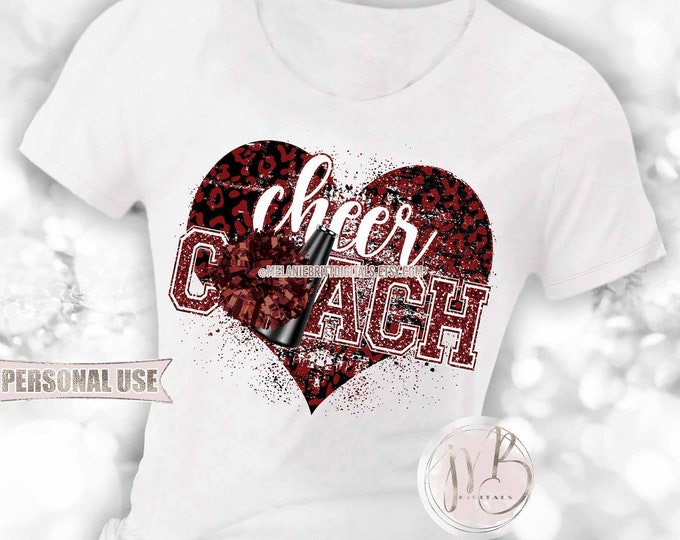 Maroon Cheer Coach Heart T-Shirt Sublimation Design • Cheerleading Pom Pom Megaphone Cheerleader Gift Varsity Glitter • DIY Print and Press