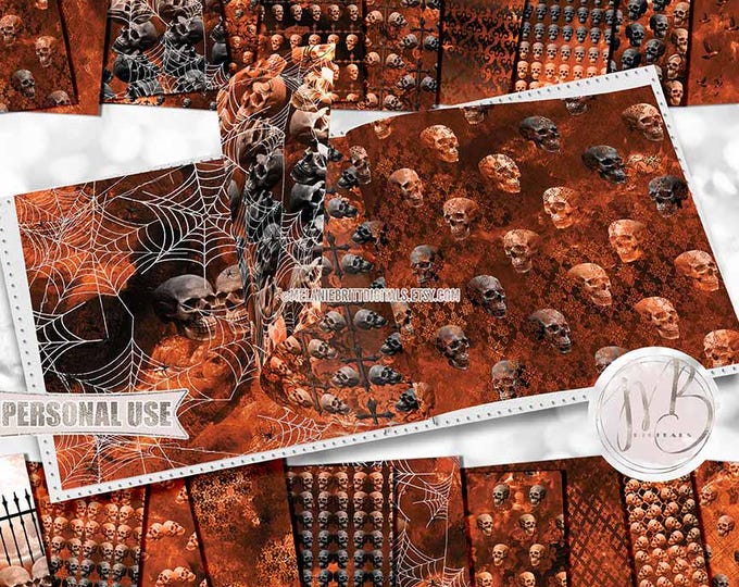 Orange Watercolor Gothic Scrapbook Paper Download • Halloween Skulls Ravens Spiders Cobwebs Moon • Scrapbooking Printable