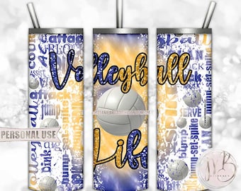 Glitter Volleyball Life Tumbler Wrap Download • Blue and Athletic Gold Tie Dye • Sublimation Print and Press #3