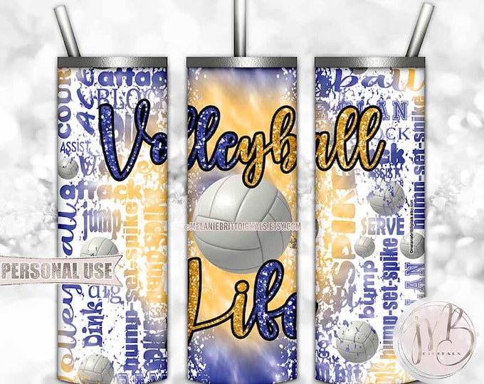 Glitter Volleyball Life Tumbler Wrap Download • Blue and Athletic Gold Tie Dye • Sublimation Print and Press #3