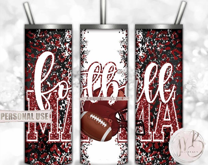Maroon Football Mama 20oz Skinny Tumbler Wrap Sublimation Design • Football Helmet Leopard Print Sports Mama Gift • DIY Print and Press