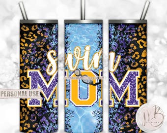 Swim Mom 20oz Skinny Tumbler Wrap Sublimation Design • Purple and Athletic Gold Leopard Pool Goggles Swim Team Mom Gift • DIY Print & Press