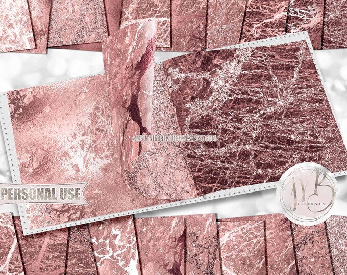 Rose Gold Marble Scrapbook Paper Download • Realistic Stone Glitter and Foil Cracked Vein Design • Printable Paper Crafts 20 12x12 JPG PDF