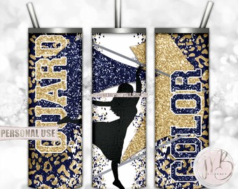 Color Guard 20oz Skinny Tumbler Wrap Sublimation Design • Girl Silhouette Flag Performance Navy and Gold Glitter • DIY Print and Press