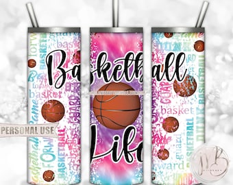 Basketball Life 20oz Skinny Tumbler Wrap Sublimation Design • Rainbow Tie Dye Typography Design Basketball Gift • DIY Print and Press