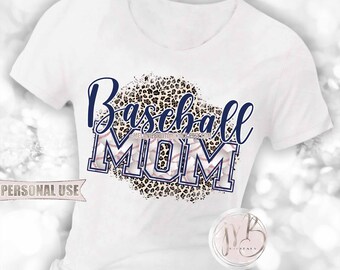 Navy Blue Baseball Mom T-Shirt Sublimation Design Download • Classic Leopard Print Baseball Varsity Letters Mom Gift • DIY Print and Press