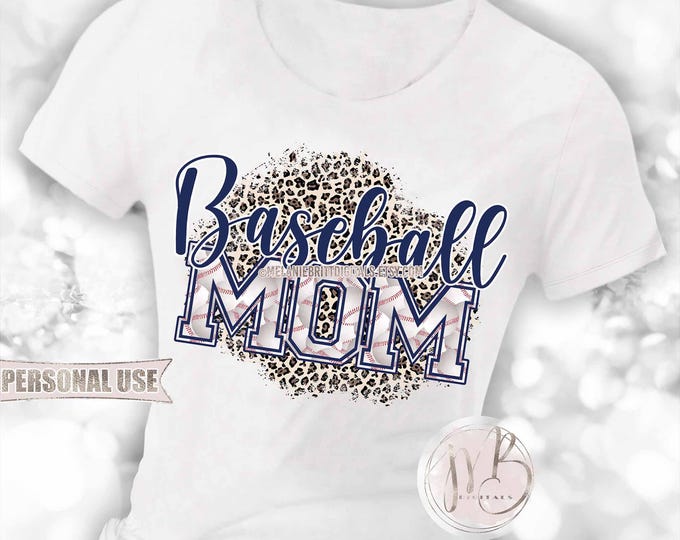 Navy Blue Baseball Mom T-Shirt Sublimation Design Download • Classic Leopard Print Baseball Varsity Letters Mom Gift • DIY Print and Press